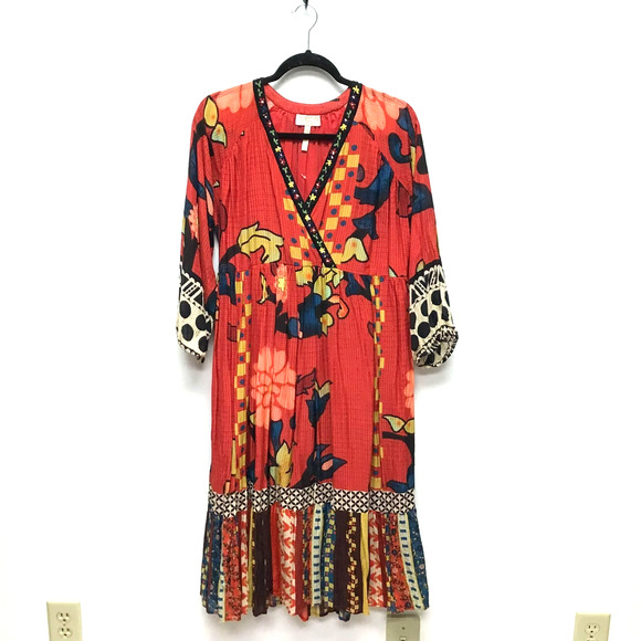 Anthropologie Verb by Pallavi Singhee Womens Red Floral Cayenne Midi Dress 10P - Picture 2 of 12